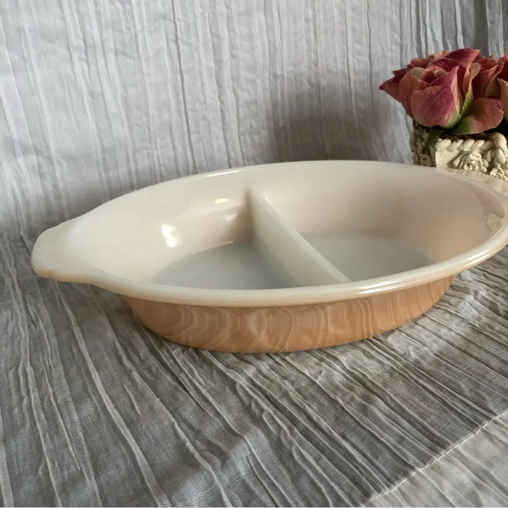 Vintage FIRE KING peach white pearlescent divided casserole baking dish 1.5 qt